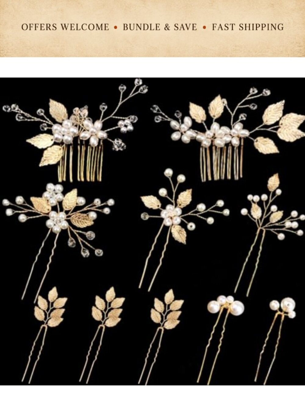 Gold Leaf Pearl Rhinestone Bridal Hair Pins 10pc Wedding Headpiece Set